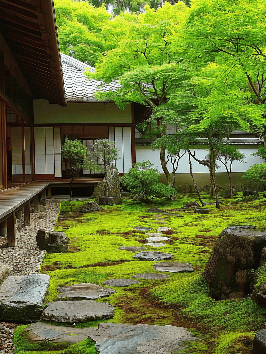 A tranquil Zen garden with a vibrant green moss carpet, punctuated by stepping stones and framed by the elegant architecture of a traditional Japanese house with sliding doors and a verdant maple canopy ar 3:4