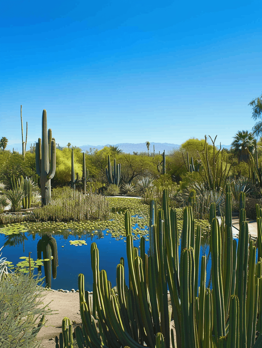A tranquil desert landscape with a variety of cacti, including towering saguaros and organ pipe cacti, overlooking a serene pond with water lilies, set against a backdrop of distant mountains under a clear blue sky ar 3:4