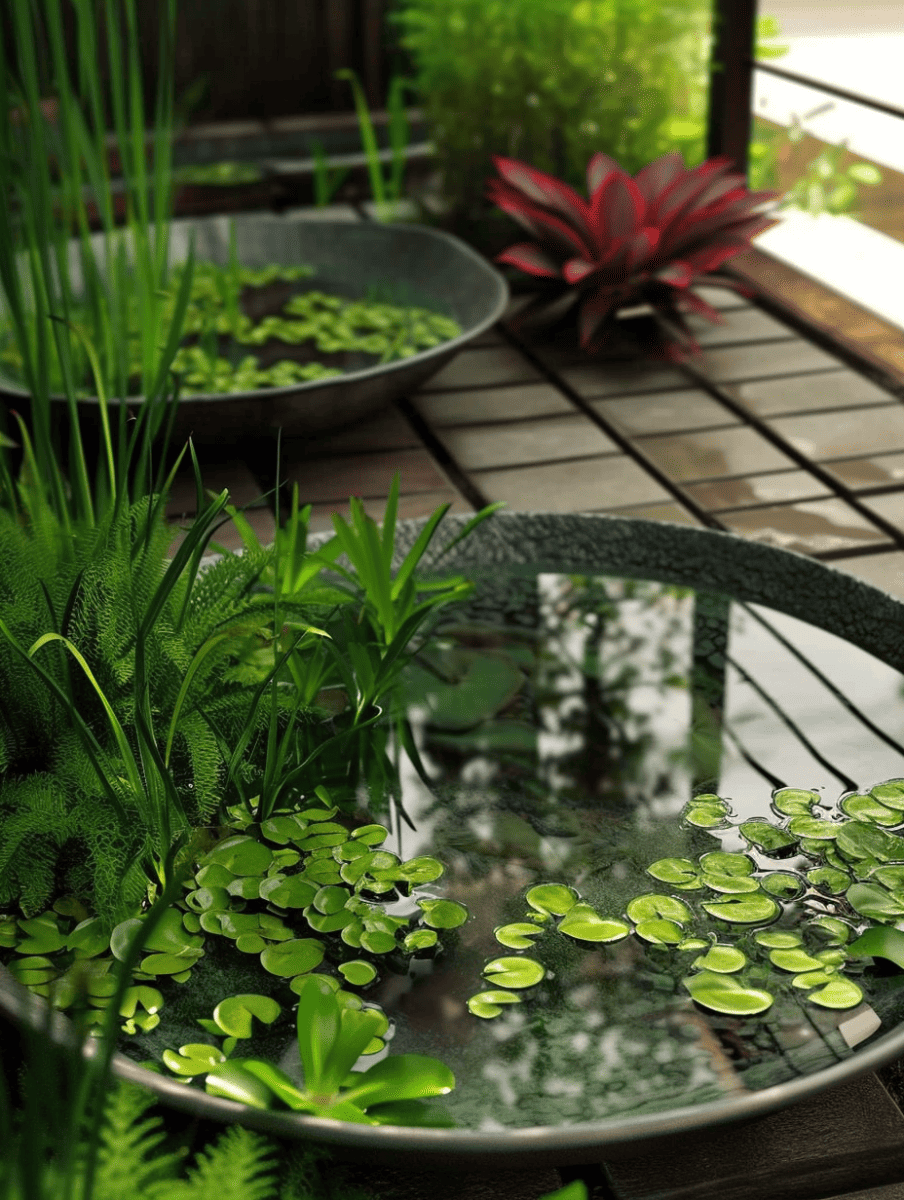 A tranquil miniature pond, nestled within a lush balcony garden, reflects the surrounding greenery and the sky above, with floating water plants adding to the calm and serene ambiance ar 3:4