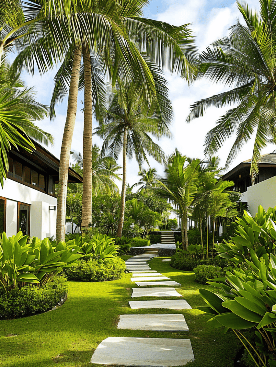 A tranquil path of rectangular stepping stones cuts through a lush lawn and tropical foliage, leading towards a villa nestled among tall, swaying palm trees ar 3:4