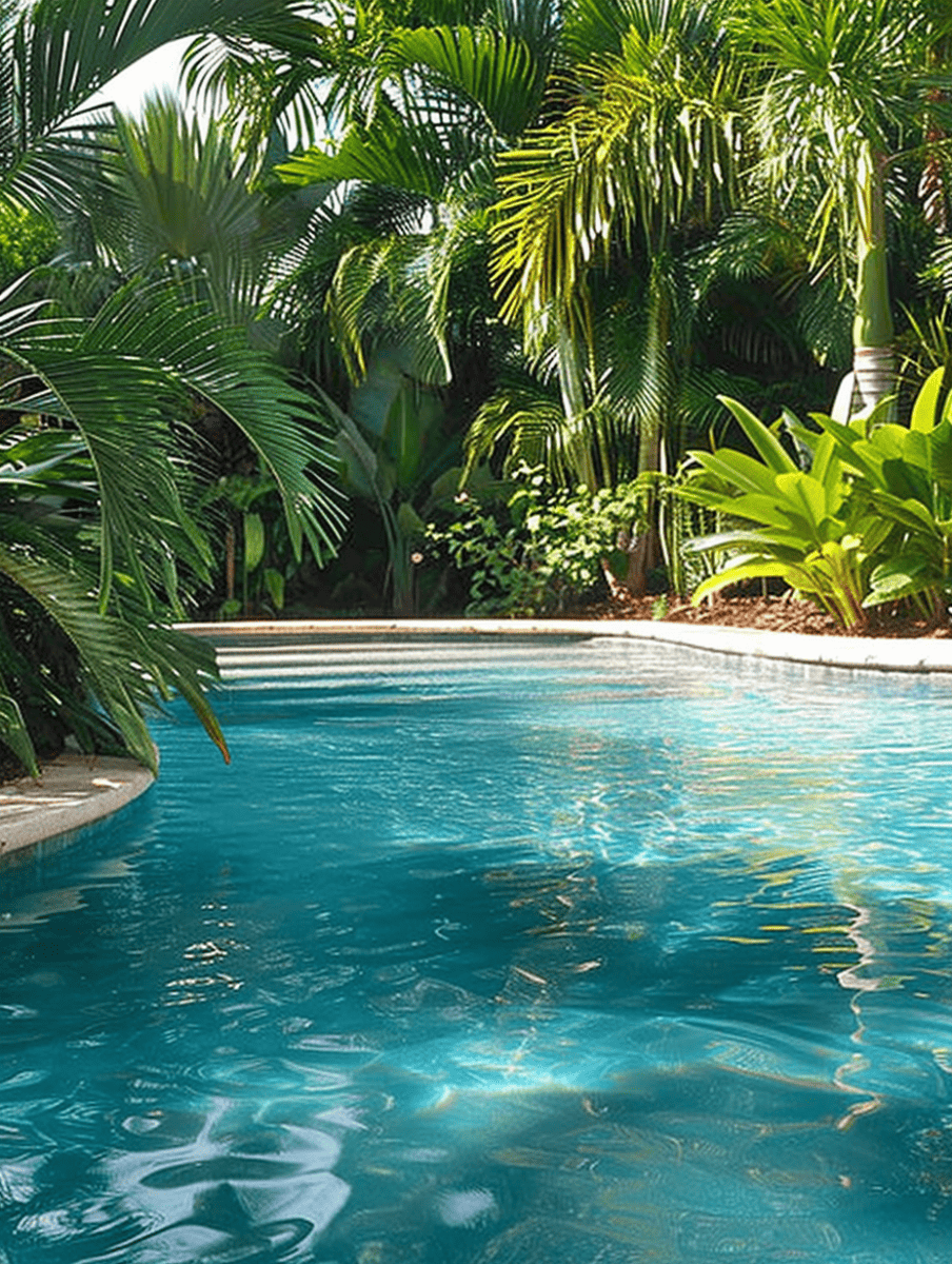 A tranquil pool with crystal-clear water reflects the surrounding lush palms and tropical plants, inviting relaxation in a serene garden setting ar 3:4