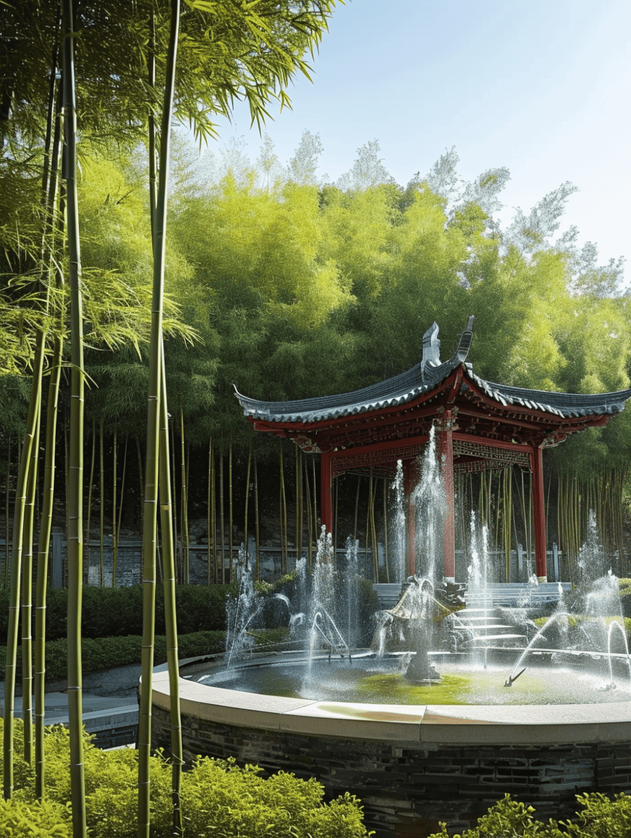A tranquil scene where towering bamboo surrounds a traditional red pavilion, behind which a multi-tiered fountain sends water cascading into the air, creating a serene and picturesque setting ar 3:4