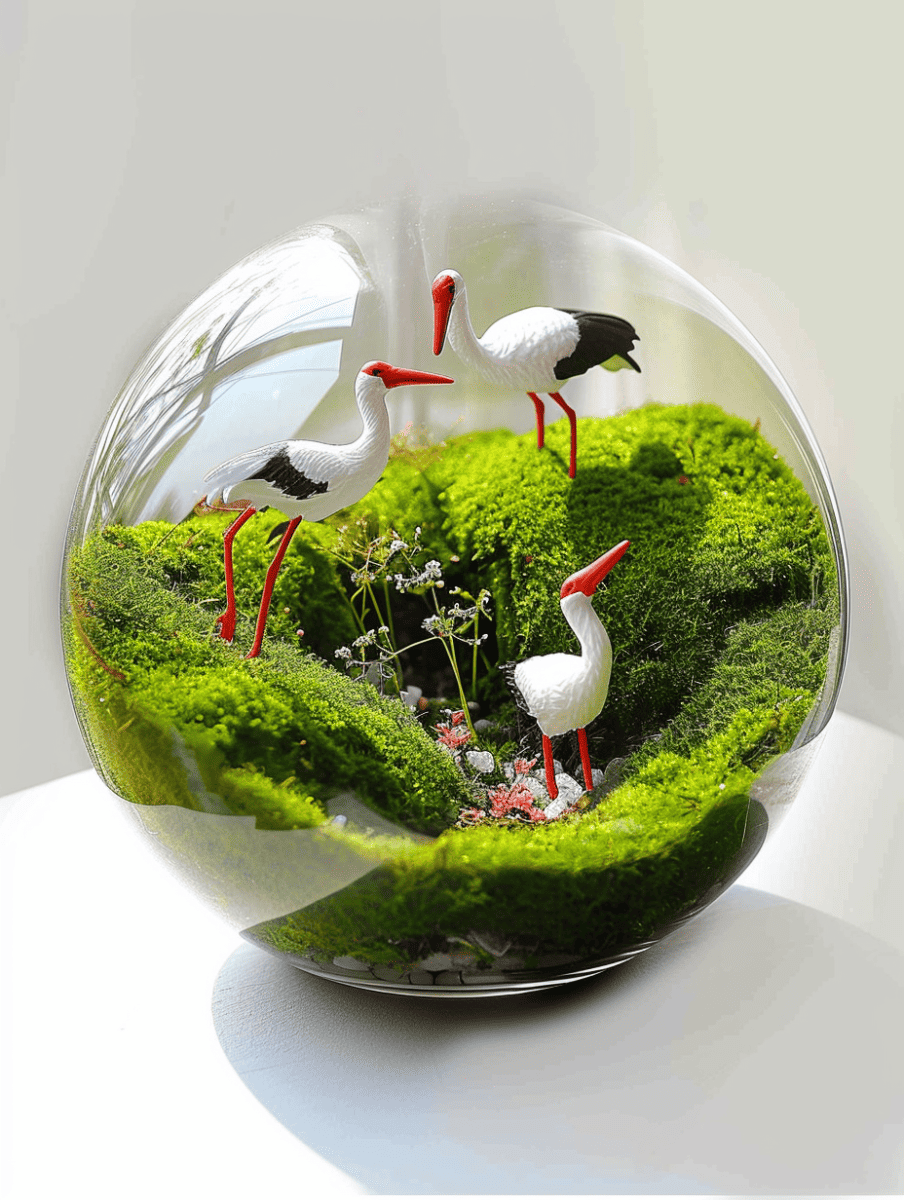 A transparent glass terrarium showcases a lush mossy landscape with three vividly detailed storks, highlighted by natural light that creates a serene vignette ar 3:4
