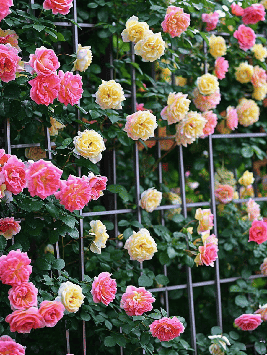 A trellis supports an array of roses in shades of yellow and pink, creating a vertical tapestry of color within a lush rose garden ar 3:4