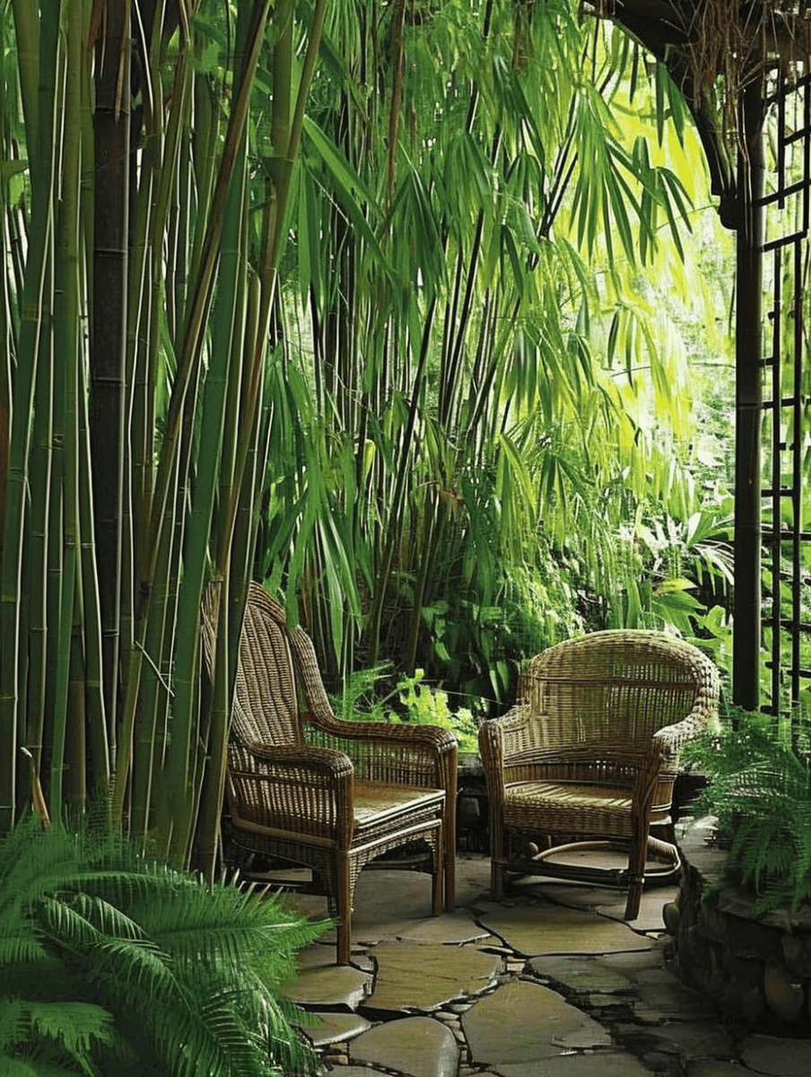 A tropical patio setting is crafted with two wicker armchairs nestled on a stone pathway, surrounded by towering bamboo stalks and lush ferns, evoking a secluded and peaceful retreat ar 3:4