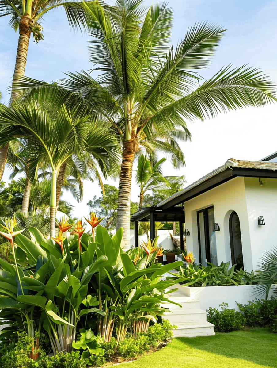 A tropical retreat with towering palm trees and lush bird-of-paradise plants framing the entrance to a modern white villa with open patio doors ar 3:4