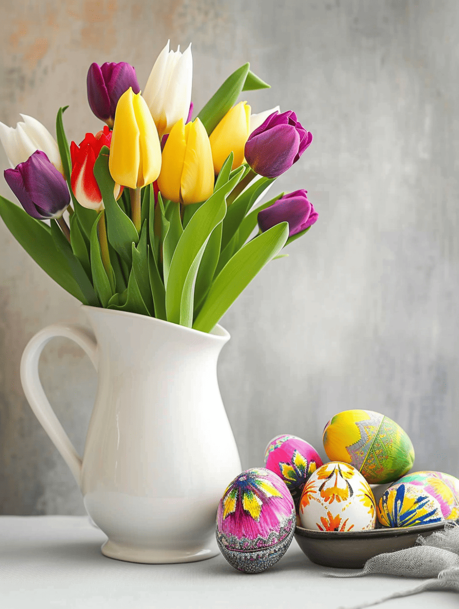 A variety of brightly colored tulips in a classic white pitcher, accompanied by a collection of vividly painted Easter eggs on a neutral tablecloth ar 3:4