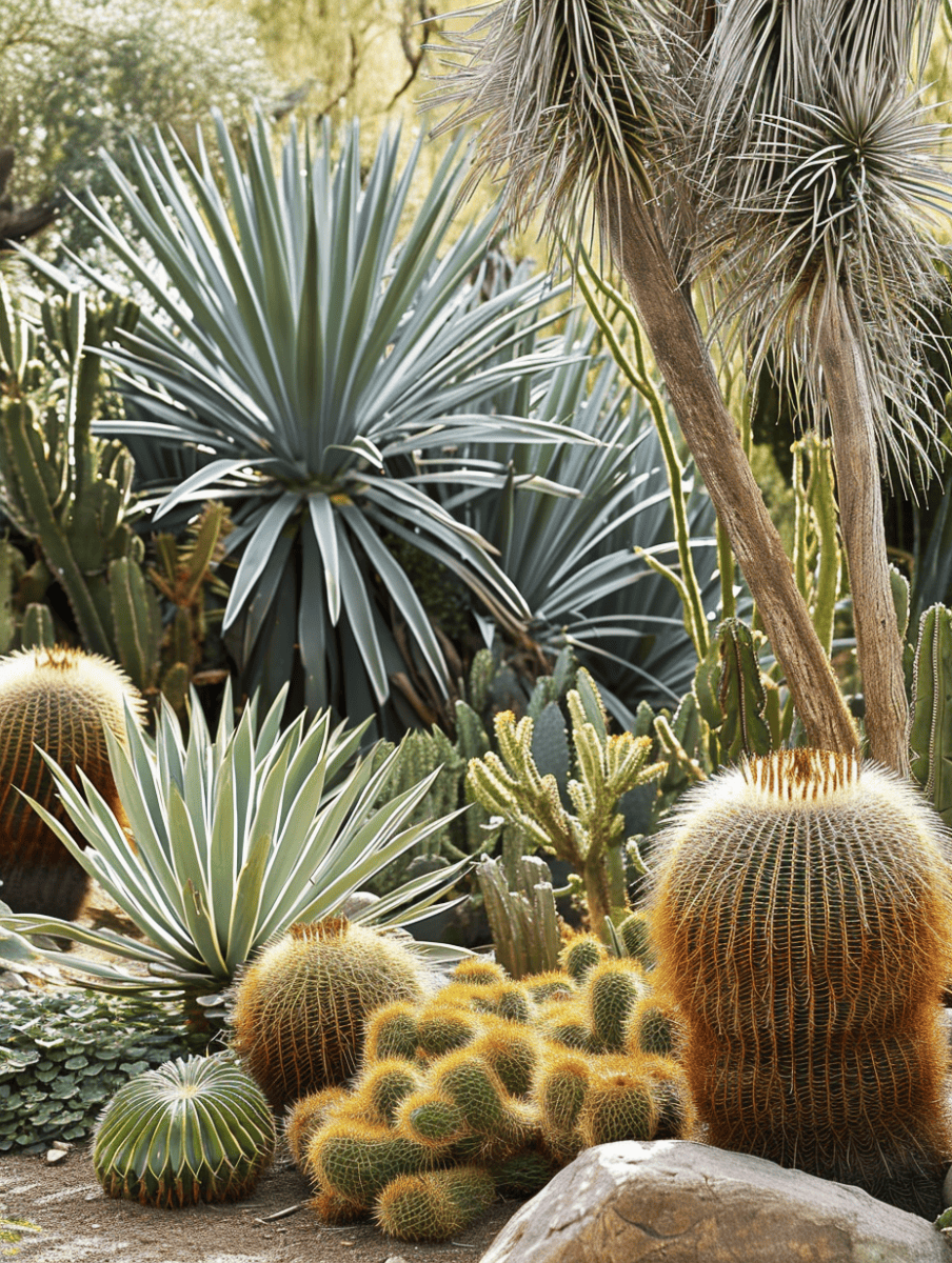 In this desert garden, a variety of cacti and succulents, including the prominent golden barrel cactus, yucca, and agave plants, are interspersed with rocks, showcasing their different textures and forms ar 3:4