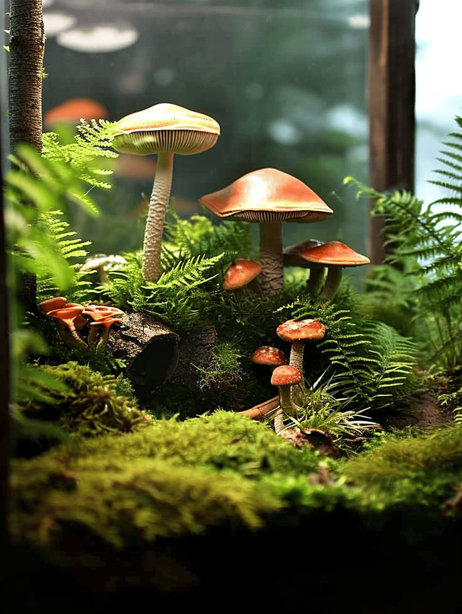 A variety of realistic mushrooms with richly colored caps among lush ferns and vibrant green moss, creating a dense forest undergrowth atmosphere ar 3:4