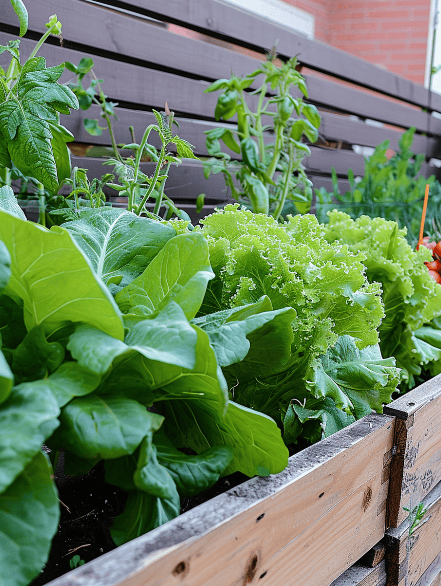 A vegetable garden flourishes in long, wooden containers, showcasing an array of leafy greens like lettuce and spinach, with their varied textures and shades of green, all growing robustly in a home or community garden setting ar 3:4