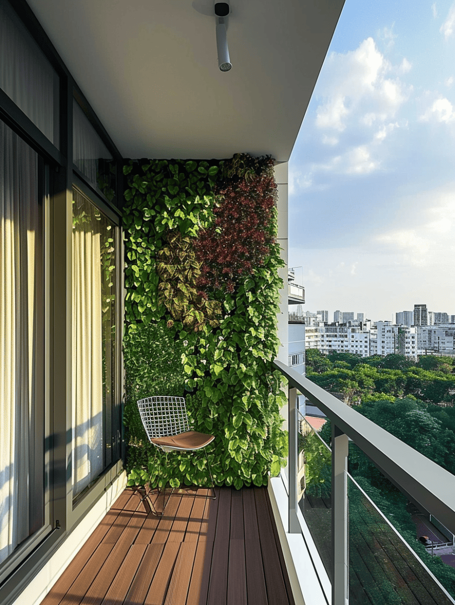 A vertical garden thrives on a balcony wall, with a lush tapestry of green leaves and pink blooms, complementing a sleek chair on wooden decking, offering a tranquil retreat above a cityscape ar 3:4