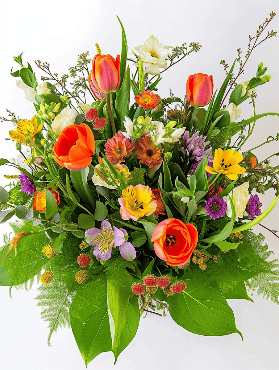 A vibrant and textured bouquet featuring tulips and a diverse selection of colorful flowers and greenery against a white backdrop ar 3:4