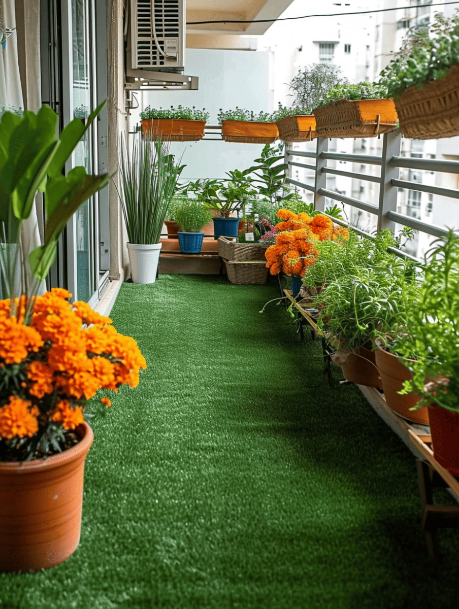 A vibrant balcony garden with lush green artificial turf covering the floor; an assortment of potted plants, herbs, and bright orange marigold flowers create a refreshing and cozy urban green space, complemented by the natural daylight ar 3:4
