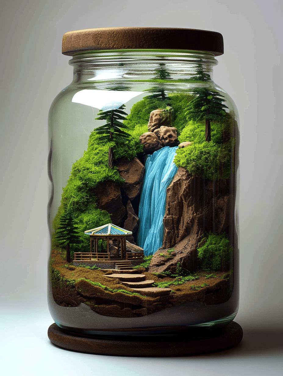 In a glass jar terrarium, a vibrant blue waterfall cascades beside a mossy cliff with miniature trees and a gazebo, creating a tranquil miniature landscape scene ar 3:4