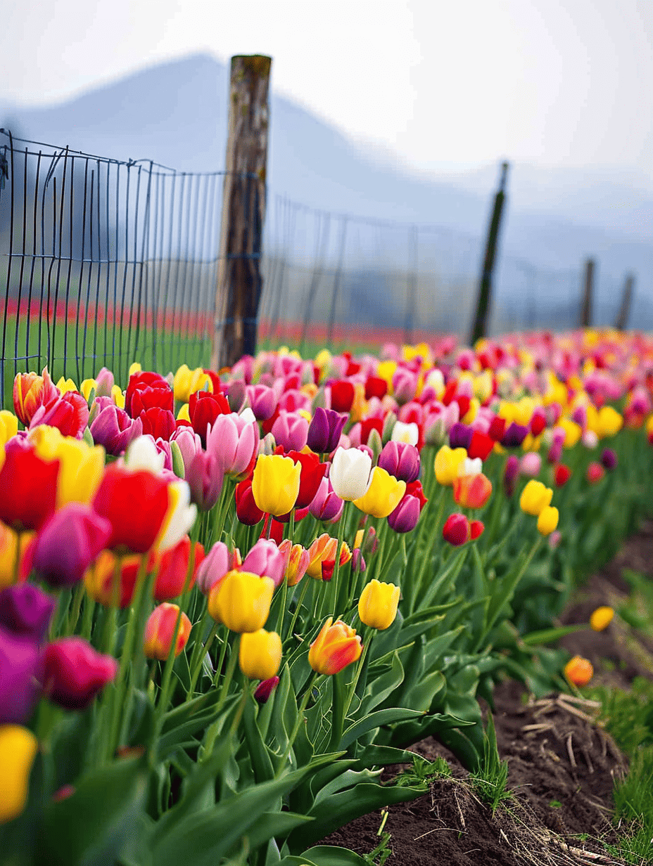 A vibrant border of multicolored tulips stretches along a fence, with the soft silhouette of a mountain in the misty background ar 3:4
