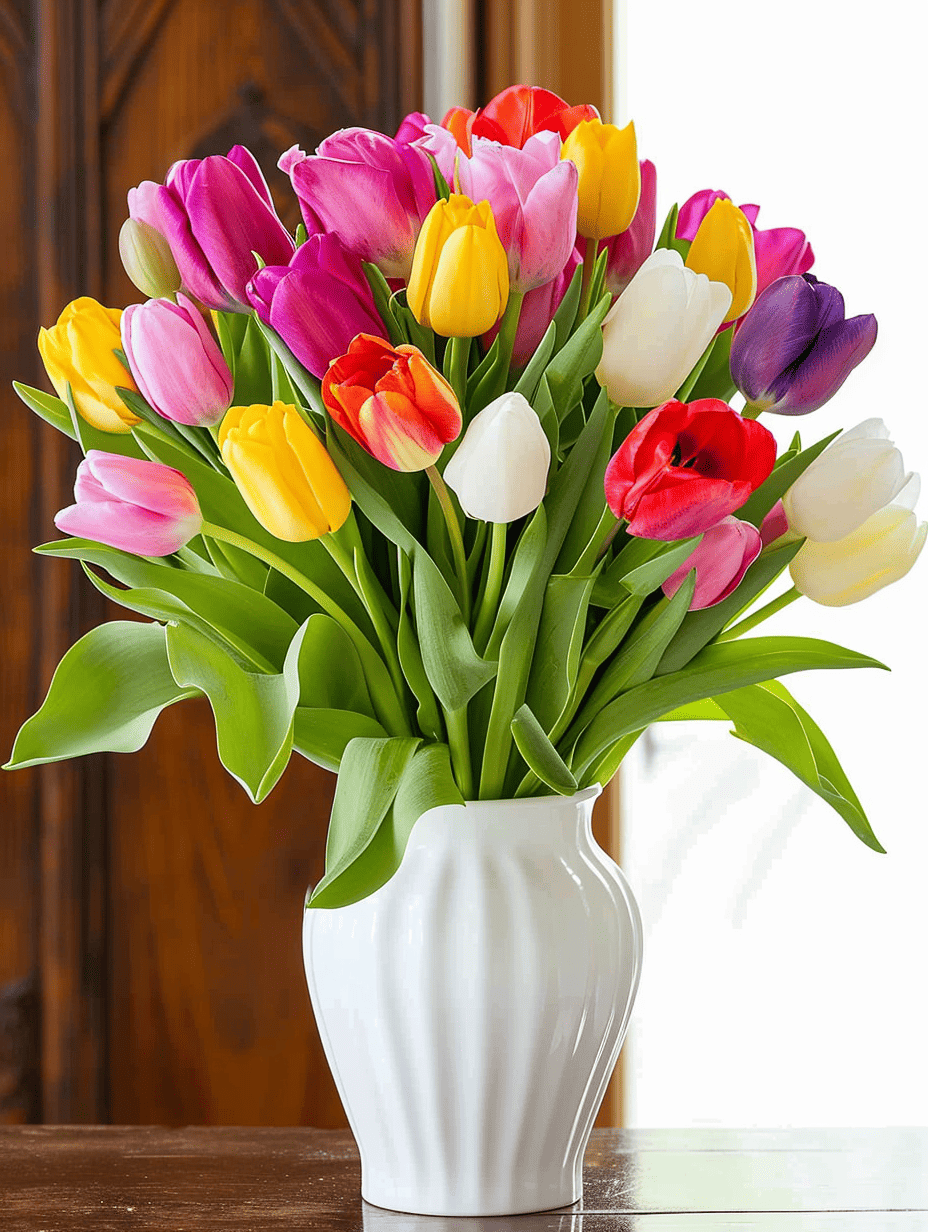 A vibrant bouquet of multicolored tulips bursts from a white fluted vase on a wooden table, with a dark wood door in the background ar 3:4