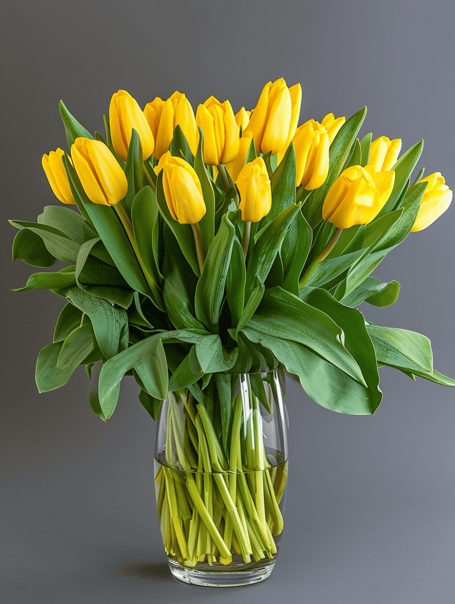 A vibrant bouquet of yellow tulips with green leaves, displayed in a clear glass vase against a grey background ar 3:4