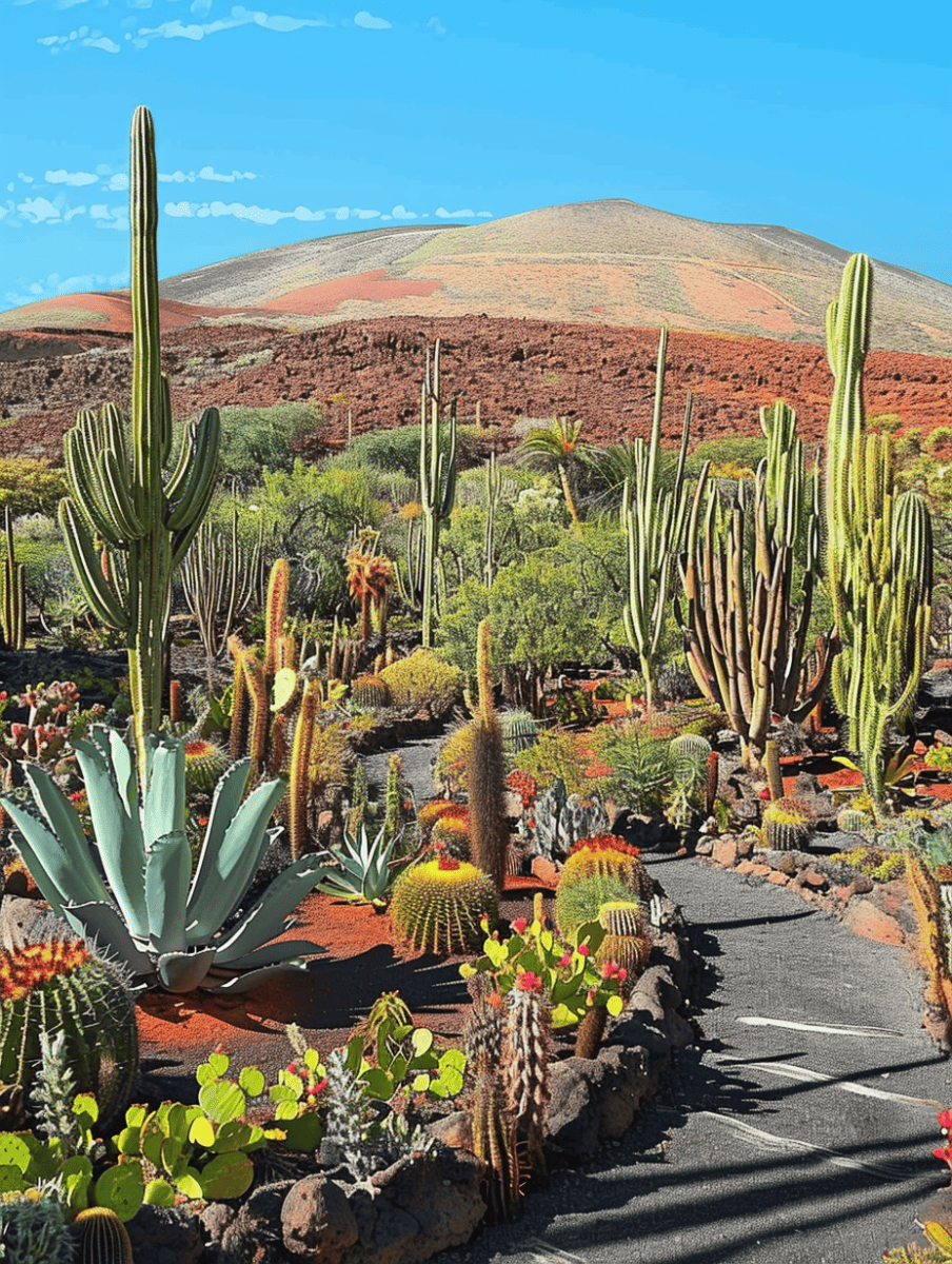 A vibrant cactus garden with a variety of species, such as tall saguaros and spiny barrel cacti, unfolds along a winding path with a backdrop of a red and orange hued volcanic hill under a blue sky with wispy clouds ar 3:4