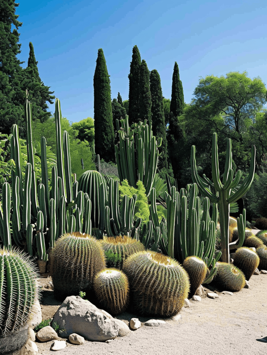 A vibrant cactus garden with golden barrel cacti in the foreground and a variety of tall, slim columnar cacti, complemented by lush green trees in the background under a clear blue sky ar 3:4