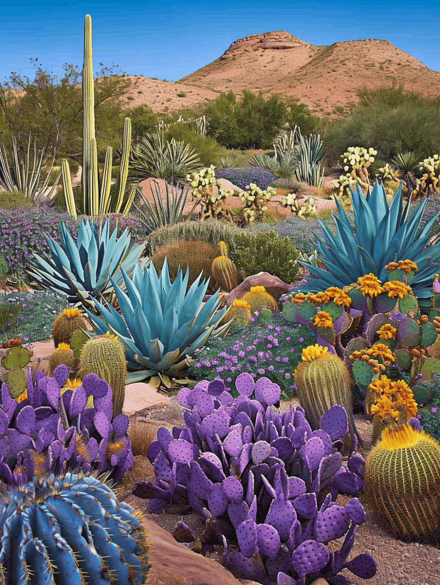 A vibrant desert landscape flourishes with a variety of cacti, including tall saguaros, blue agaves, and purple prickly pears, complemented by colorful flowers and set against a backdrop of gentle hills under a clear sky ar 3:4