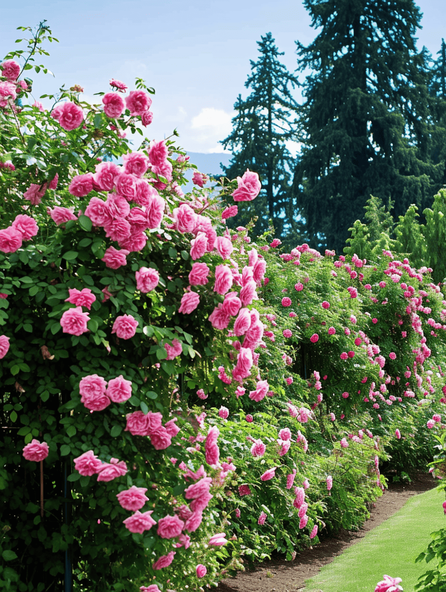 A vibrant display of blooming pink shrub roses lines a garden path, with tall evergreen trees providing a contrasting backdrop under a clear sky ar 3:4