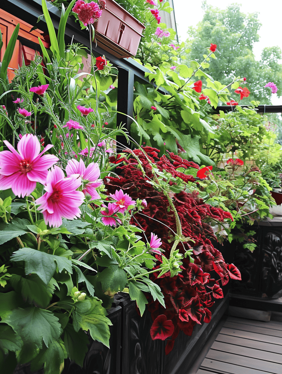 A vibrant display of gardening features an array of flowers in rich pinks, purples, and reds, with some plants showcasing perennial traits like lush green foliage, while others, likely annuals, contribute bursts of bright color and varied leaf shapes to the composition, all set against a backdrop of wooden and wrought iron railings on a deck ar 3:4