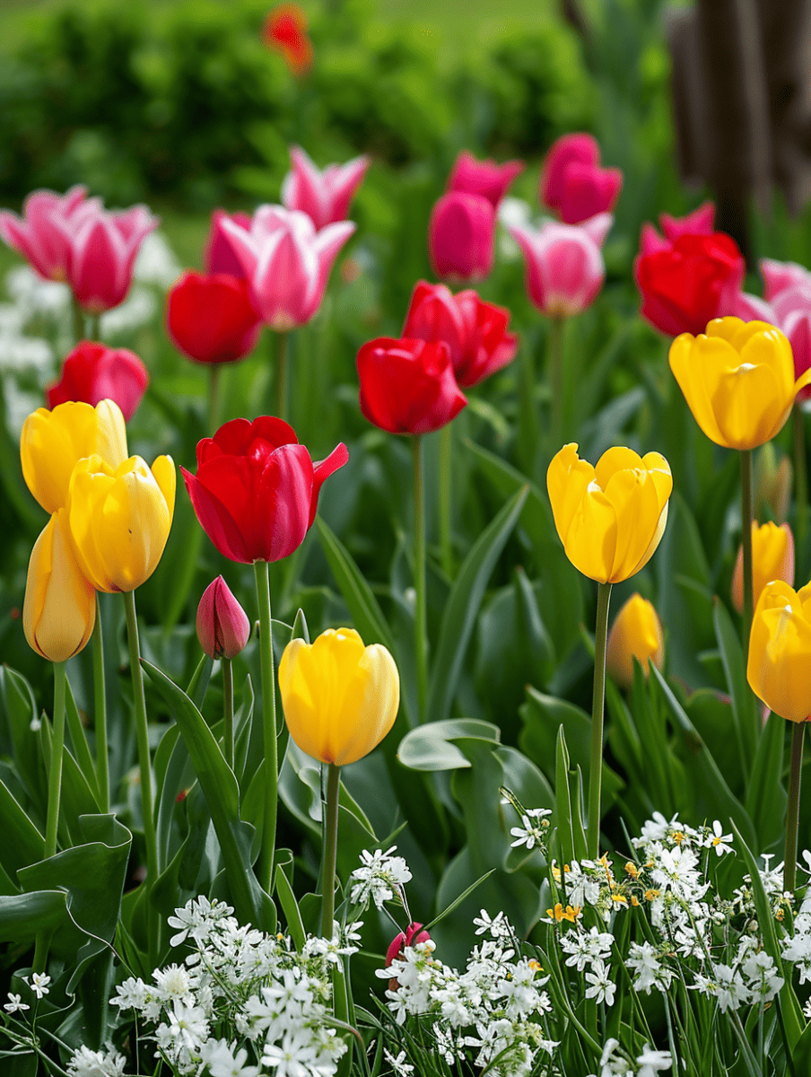 A vibrant display of tulips in analogous colors of red, pink, and yellow, gracefully rise above a bed of delicate white flowers, creating a stunning spectrum of spring warmth ar 3:4