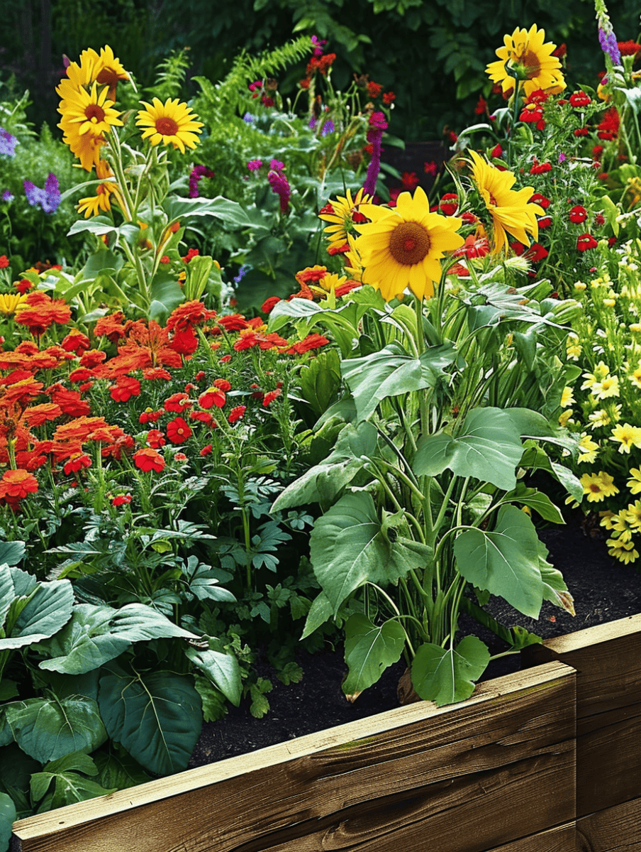 A vibrant garden bed blossoms with marigolds showcasing a blend of fiery red and vivid orange hues, interspersed with towering sunflowers and a backdrop of assorted greenery ar 3:4