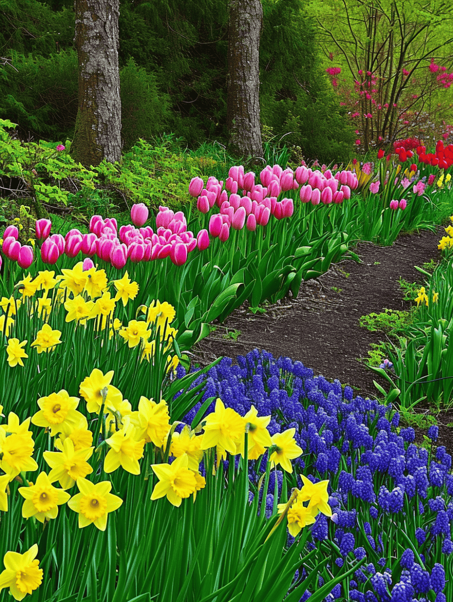 A vibrant garden path showcases a rainbow of flowers, with pink tulips, yellow daffodils, and clusters of purple grape hyacinths creating a rich tapestry of spring hues ar 3:4