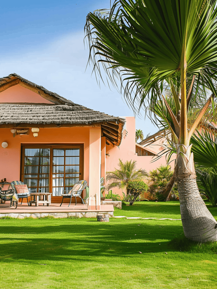 A vibrant peach-colored villa with a thatched roof enjoys a sunny garden setting with a bent palm tree in the foreground and a well-kept lawn ar 3:4