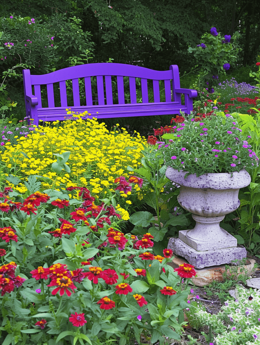 A vibrant purple garden bench is nestled among a lush assortment of blooming yellow, red, and purple flowers, with a classic stone pedestal urn in the foreground ar 3:4