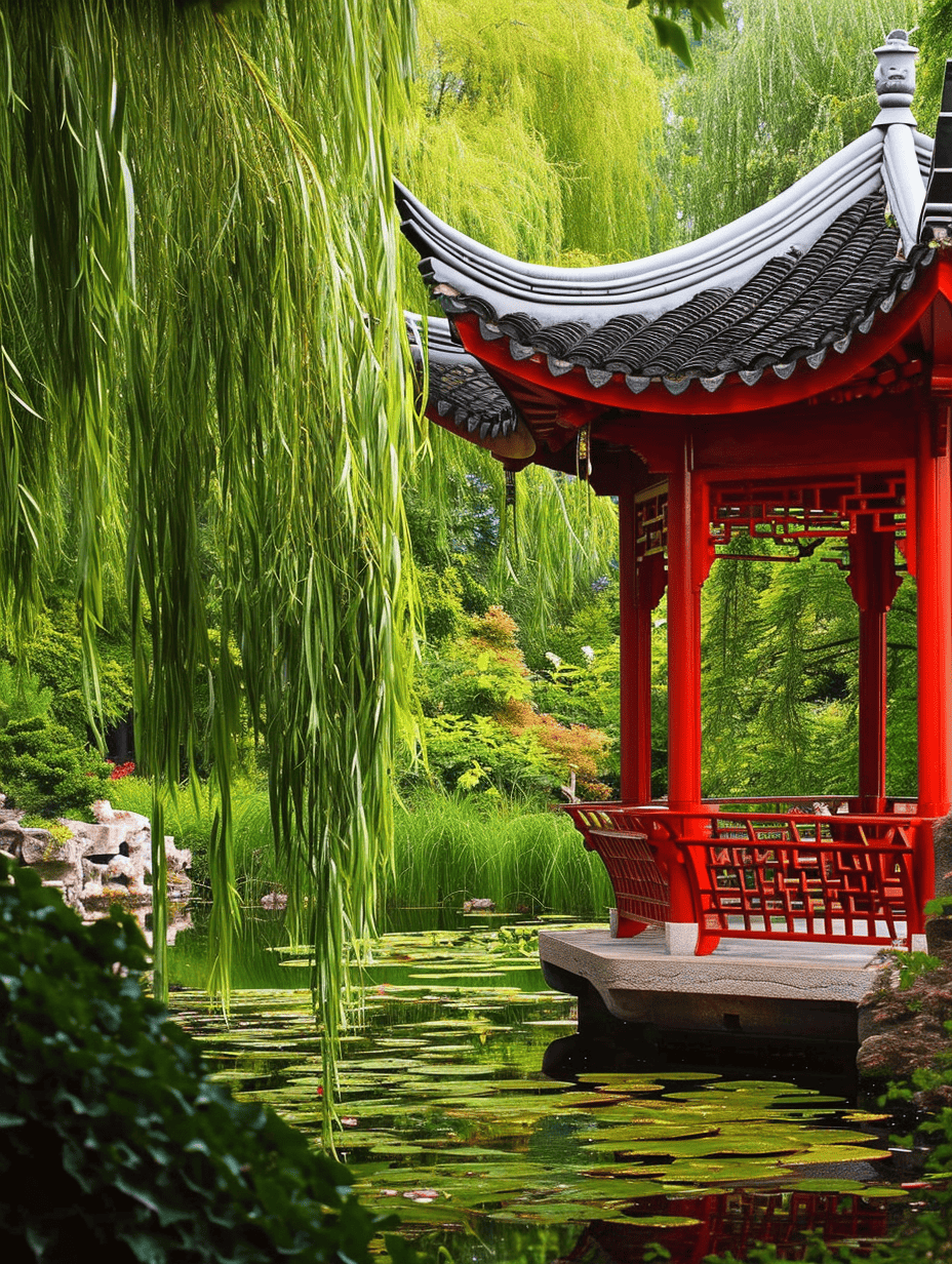 A vibrant red pagoda-style gazebo rests by the edge of a lily-pad-dotted pond, embraced by the weeping willows and lush greenery of a tranquil Zen garden ar 3:4