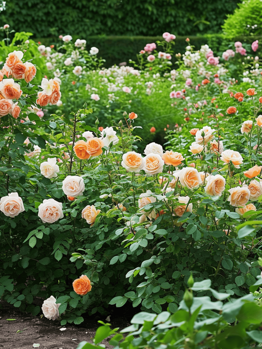 A vibrant rose garden flourishes with an array of apricot, peach, and cream roses, nestled amongst lush green foliage, creating a tapestry of color and natural beauty ar 3:4