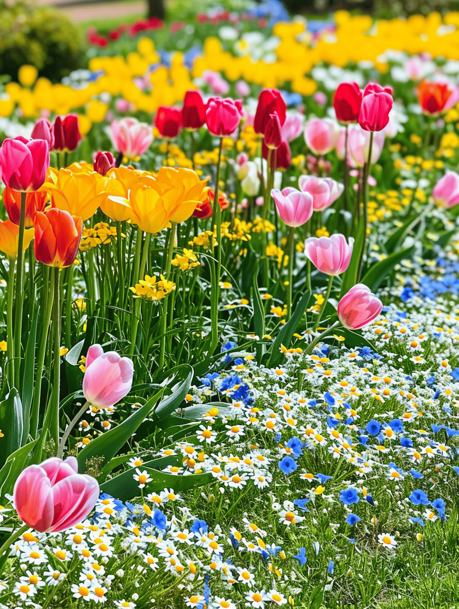 A vibrant springtime yard bursts with colorful tulips in red, pink, and yellow, intermingled with dainty white daisies and blue wildflowers ar 3:4