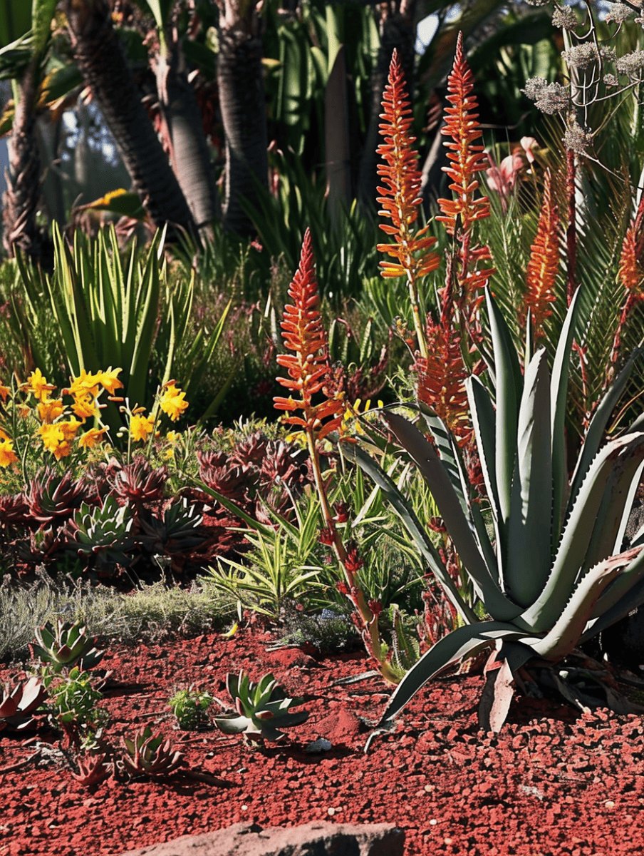 A vibrant succulent garden with towering orange aloe blooms, amidst a variety of green and purple succulents scattered across a red gravel bed, with palm trunks in the soft-focus background ar 3:4