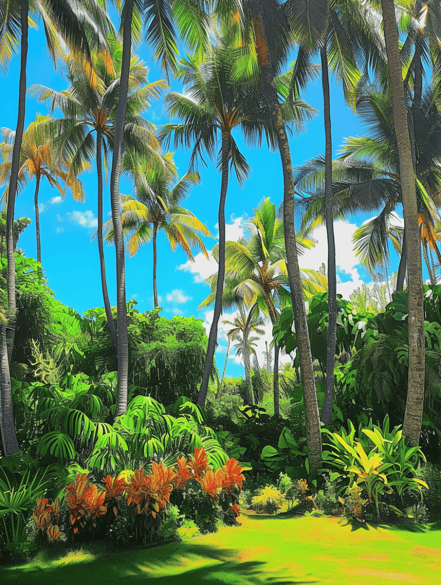 A vibrant tropical garden filled with towering palm trees, lush greenery, and bright flowering plants under a sunny blue sky ar 3:4