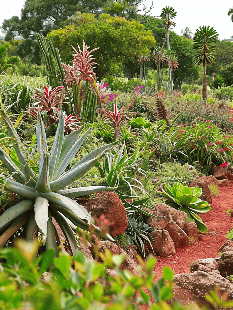 A vibrant tropical garden path flanked by lush agaves, flowering aloe plants with red and pink blooms, and tall, slender trees, all amidst a variety of textured greenery ar 3:4