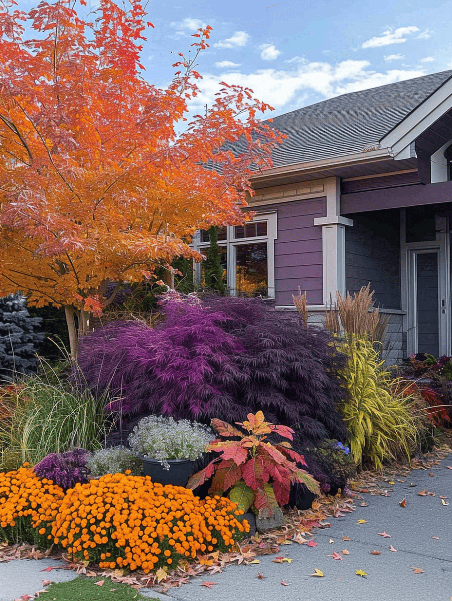A vivid autumnal display graces the front of a house with a blend of purple, orange, red, and yellow foliage, from a fiery maple tree to ornamental grasses and mounds of chrysanthemums ar 3:4