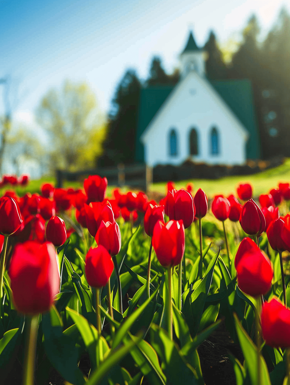 A vivid field of red tulips blooms in the foreground, with a quaint white church peacefully situated in the sunlit background ar 3:4