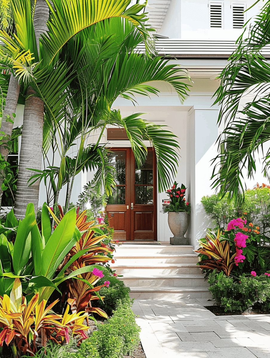 A welcoming home entrance is adorned with bright tropical plants, vibrant flowers, and palm fronds, leading up to a wood-paneled door, conveying a sense of lush serenity ar 3:4