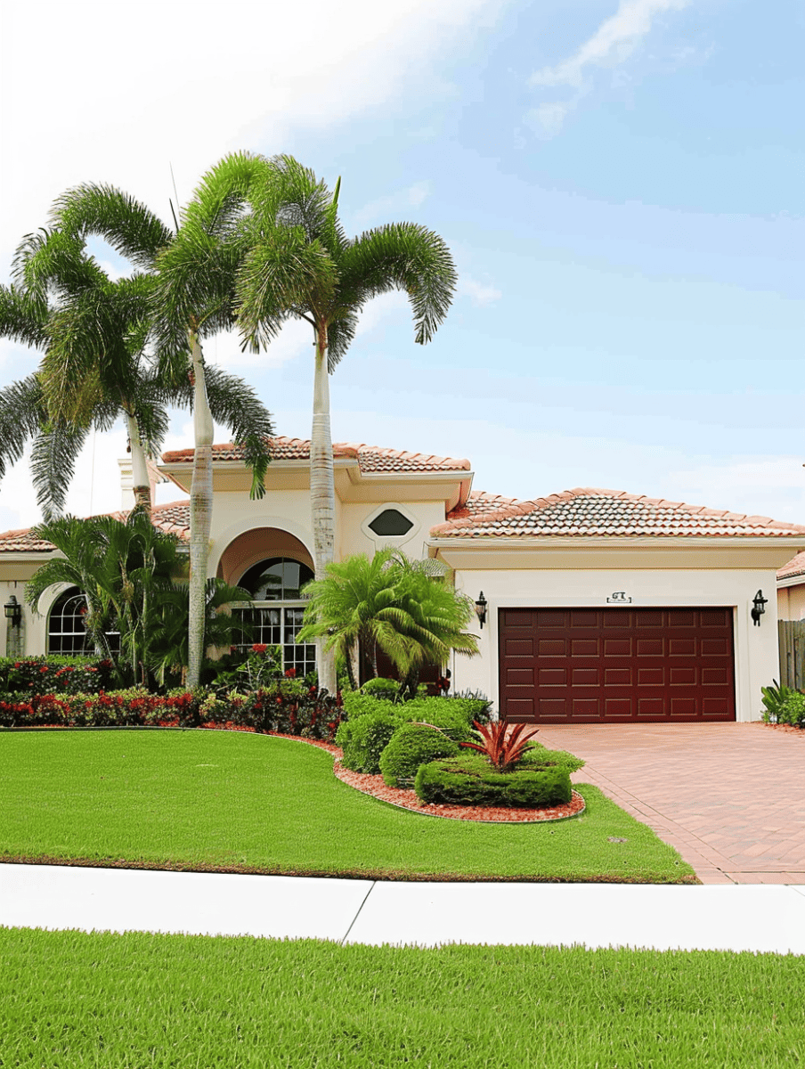 A well-manicured front yard with a lush green lawn features a striking palm tree and colorful landscaping in front of a stylish home with a red tiled roof and a large arched window ar 3:4