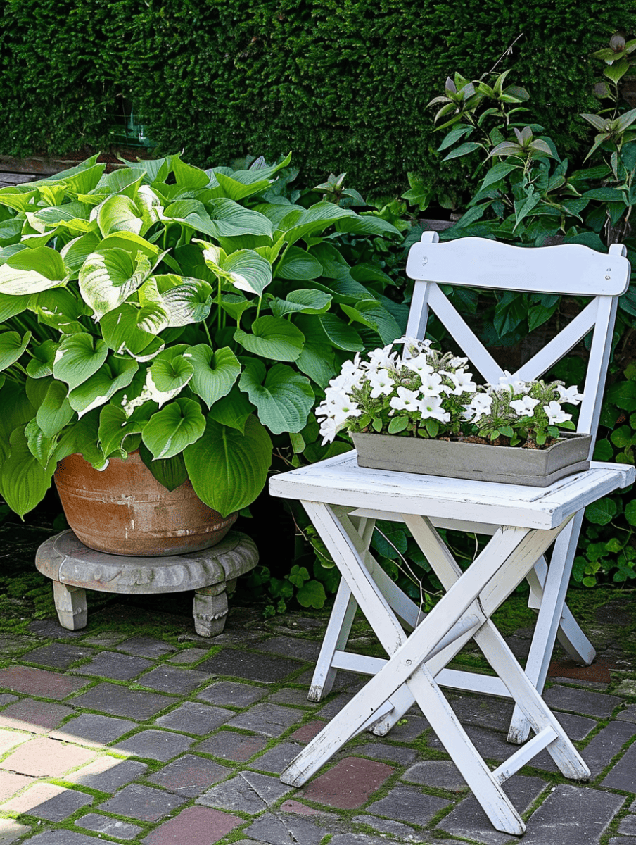 A white folding chair and matching table hold a tray of white flowers, complementing the lush hostas in a terracotta pot and the verdant hedge backdrop in a charming garden nook ar 3:4