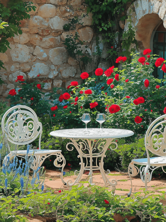 A white wrought iron table and chairs are set in a quaint garden, with vibrant red roses and blue flowers in the background, against the rustic charm of an old stone wall ar 3:4