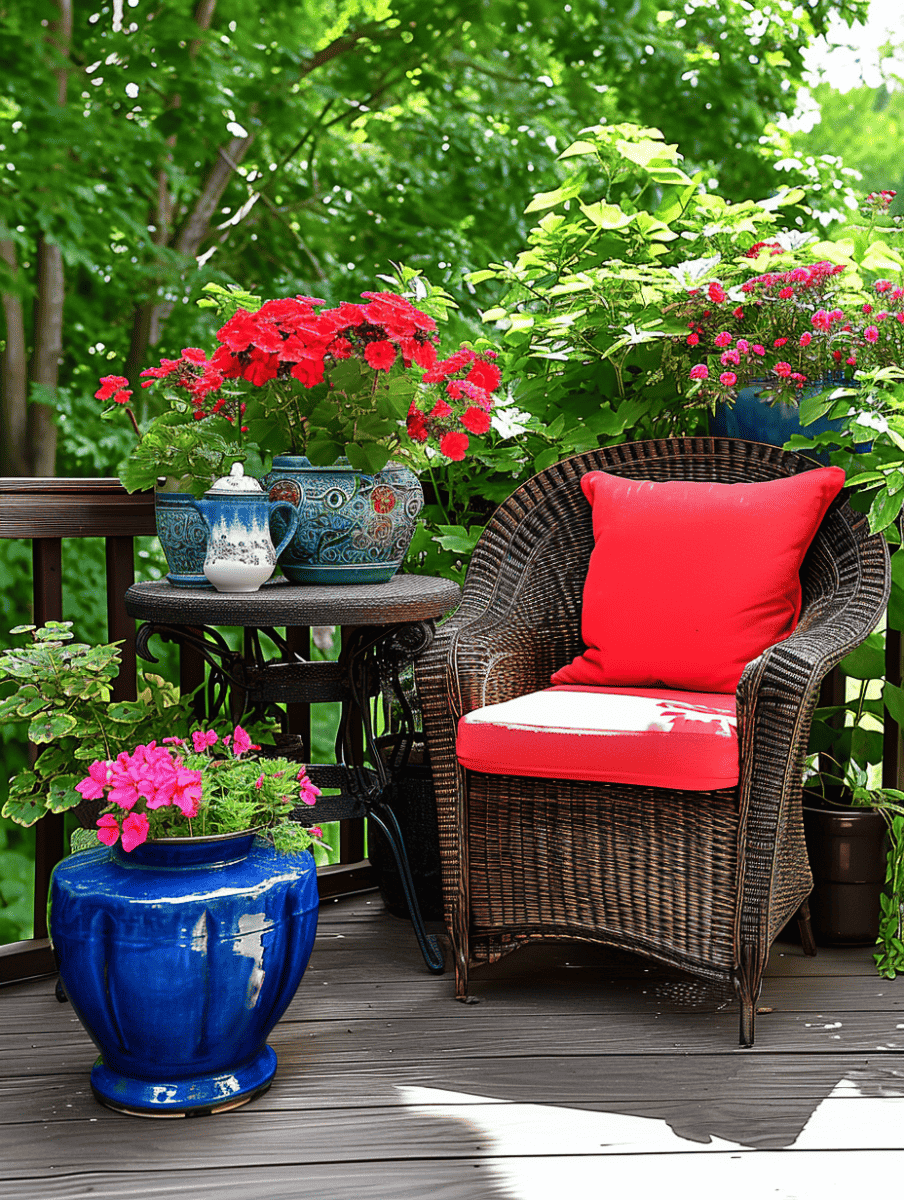 A wicker chair with a bright red cushion sits on a deck beside a table adorned with vibrant red geraniums in ornate pots, surrounded by lush greenery for a cozy outdoor space ar 3:4