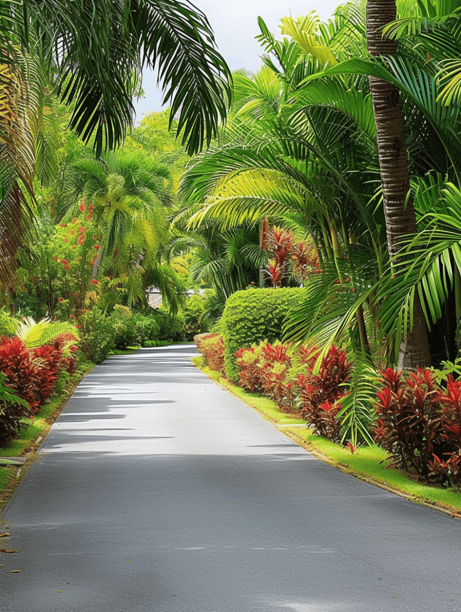 A wide asphalt pathway lined with an array of green and red shrubs, tall palms, and tropical plants, leading to a secluded bungalow. --ar 3:4