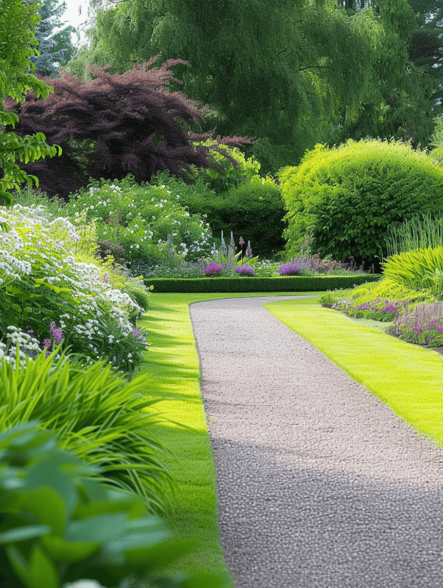 A wide gravel walkway with lush lawn edges, flanked by vibrant perennial borders in full bloom. --ar 3:4