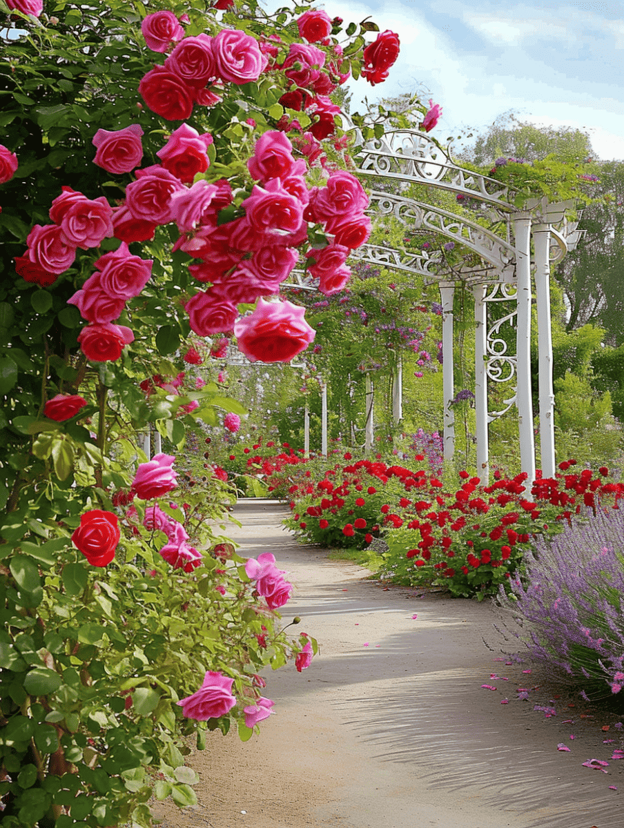 A winding garden path is beautifully framed by an intermingling of pink and red roses, cascading from elegant white pergolas, with splashes of purple lavender alongside ar 3:4