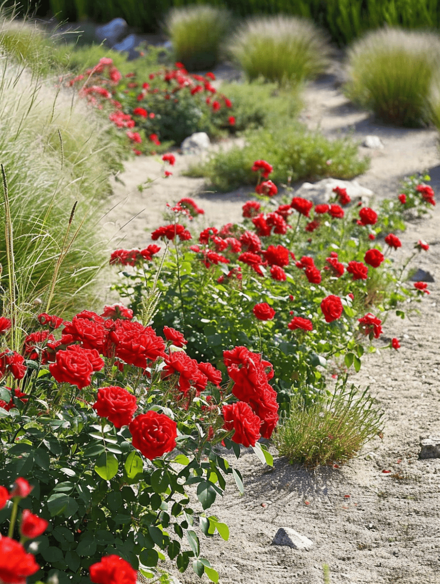 A winding garden path is flanked by vibrant red roses and feathery companion plants, creating a textured landscape of floral beauty and greenery ar 3:4