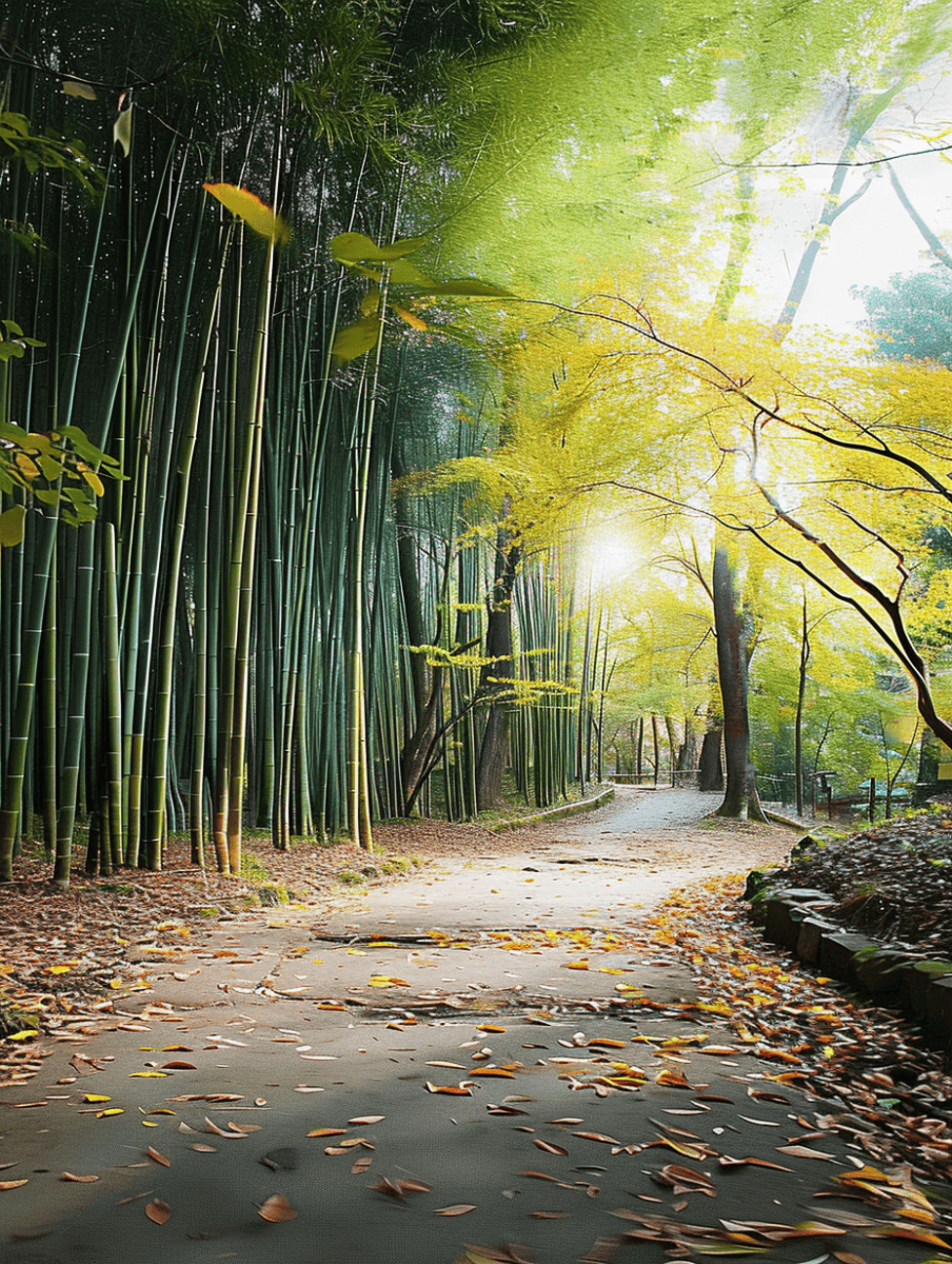 A winding path leads through a bamboo forest, where the tall stalks create a serene and mystical atmosphere enhanced by the soft light filtering through the canopy ar 3:4