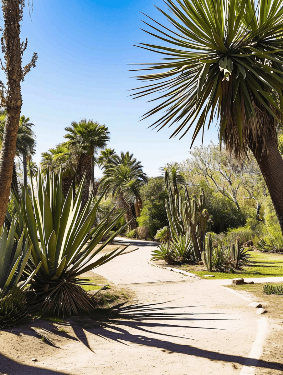 A winding pathway through a sunlit garden with towering palms and yuccas, casting dramatic shadows across the walkway, inviting a peaceful stroll amidst the desert flora ar 3:4